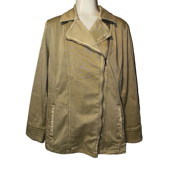 Chicos Womens Lightweight Moto Hip Length Full Zip Coat Jacket Green Sz 2 Lrg 12 - Picture 1 of 8